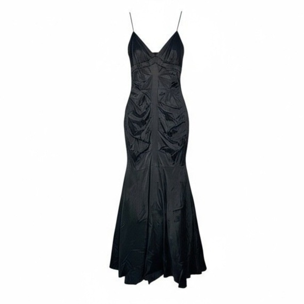Cache Black Ruched Mermaid Gown Size 2 Spaghetti Strap V-Neck Dress Gothic
